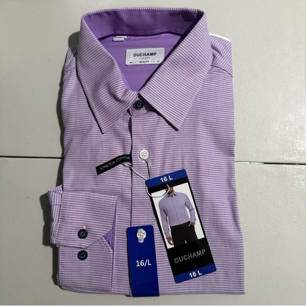 Duchamp London Men's Slim Fit Cotton Stretch Shirt, Dark Purple, Size 16 L
